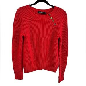 Lauren Ralph Lauren Red‎ Cotton Knit Sweater Gold Button Detail, Medium